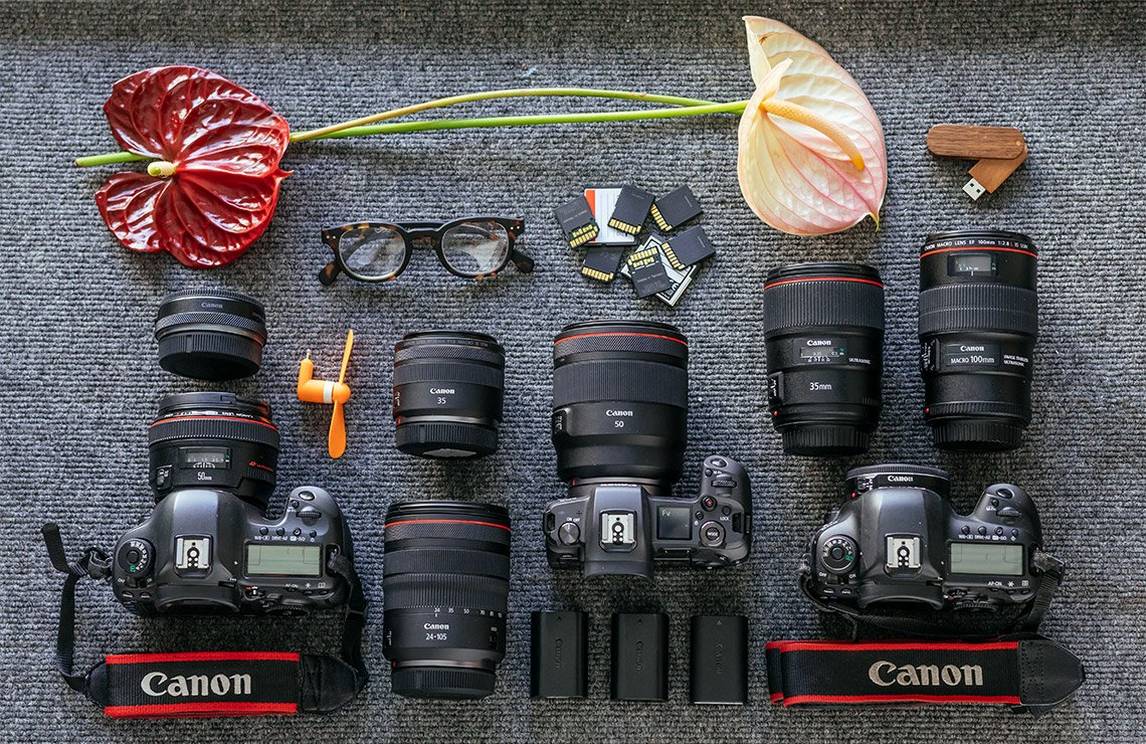 Canon photography equipment flatlay