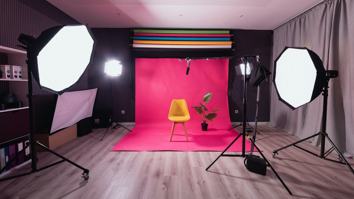 Photography studio with softboxes and LED lights
